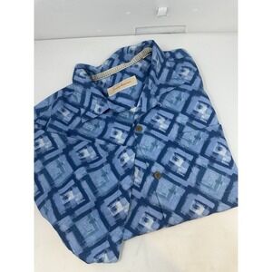 Tommy Bahama Men's Large Silk Shirt Blue Print Button Down Short Sleeve Pre Own